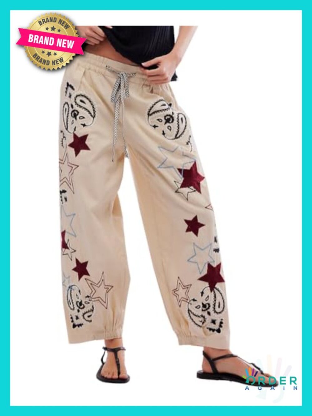Mid Rise Barrel Starry Print Wide Leg Jeans Embroidered Baggy Boyfriend - Picture 1 of 6